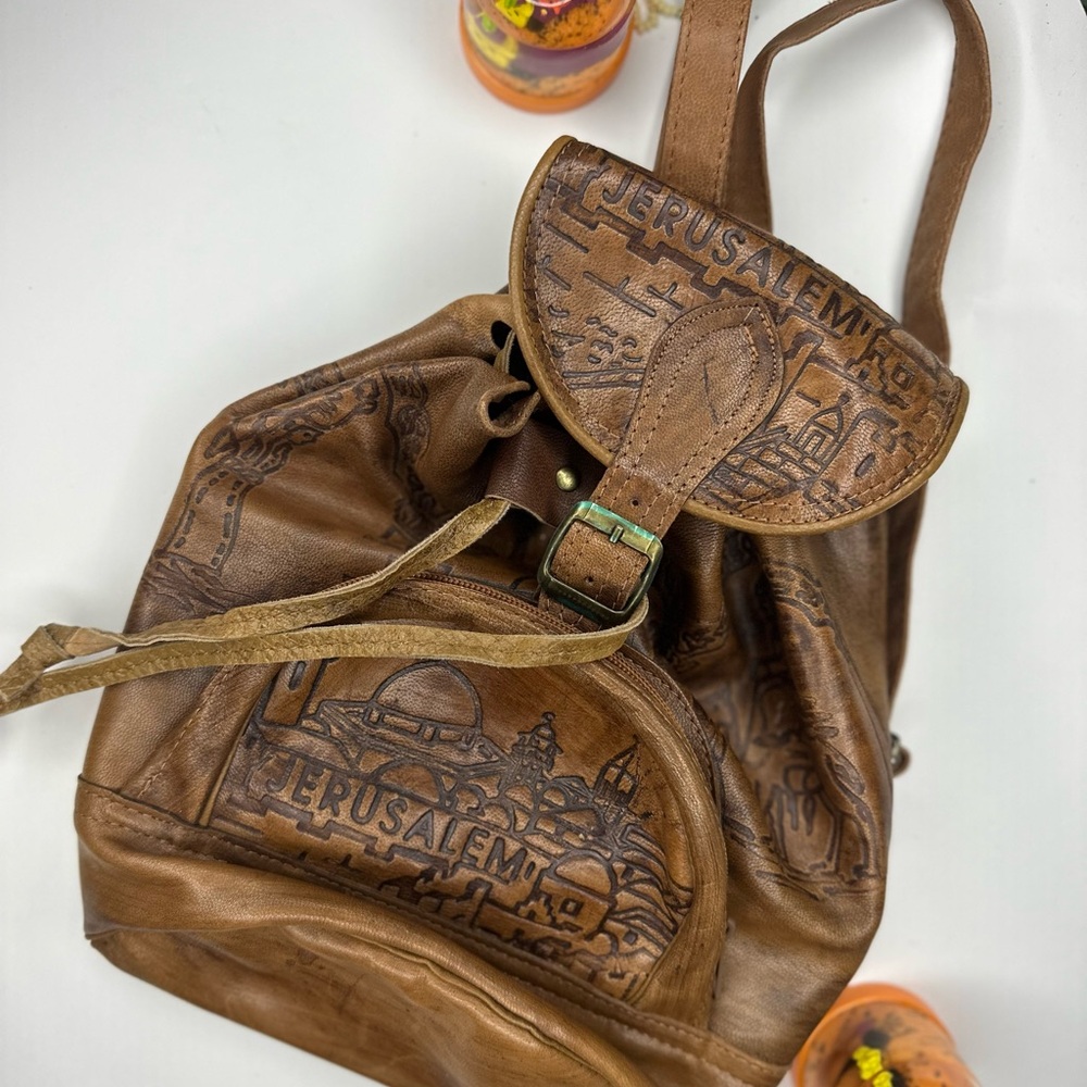 Embossed Leather Backpack With Jerusalem Design - image 5